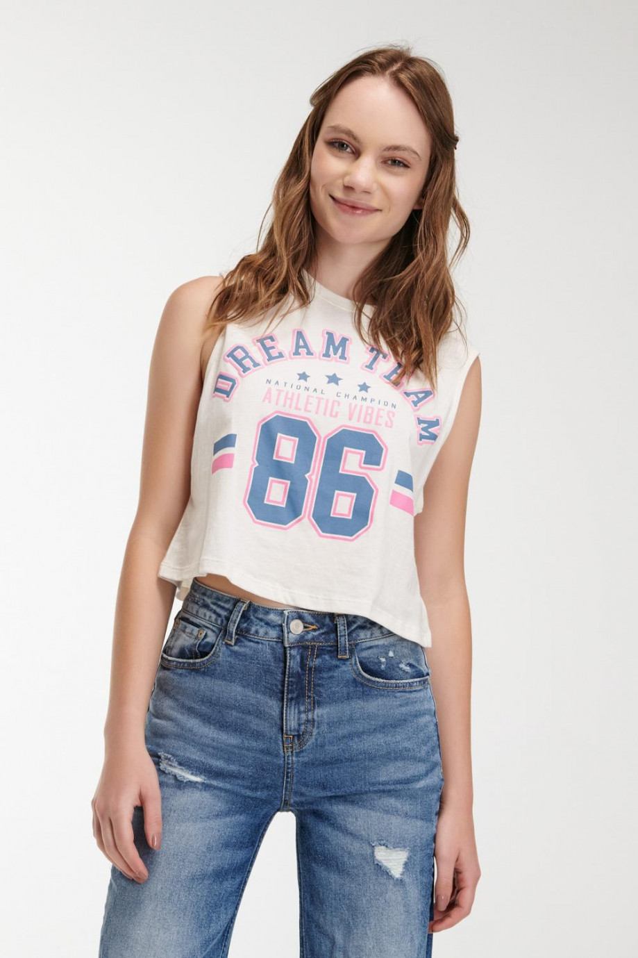 Camiseta unicolor sin mangas con estampado de letras en frente