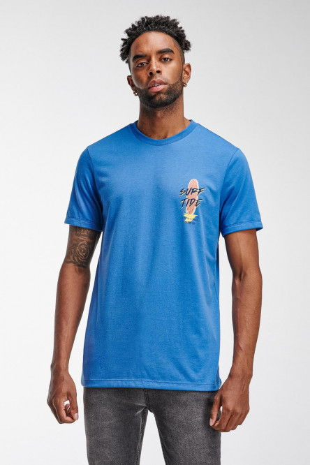 Camiseta manga corta azul medio con estampado de surf