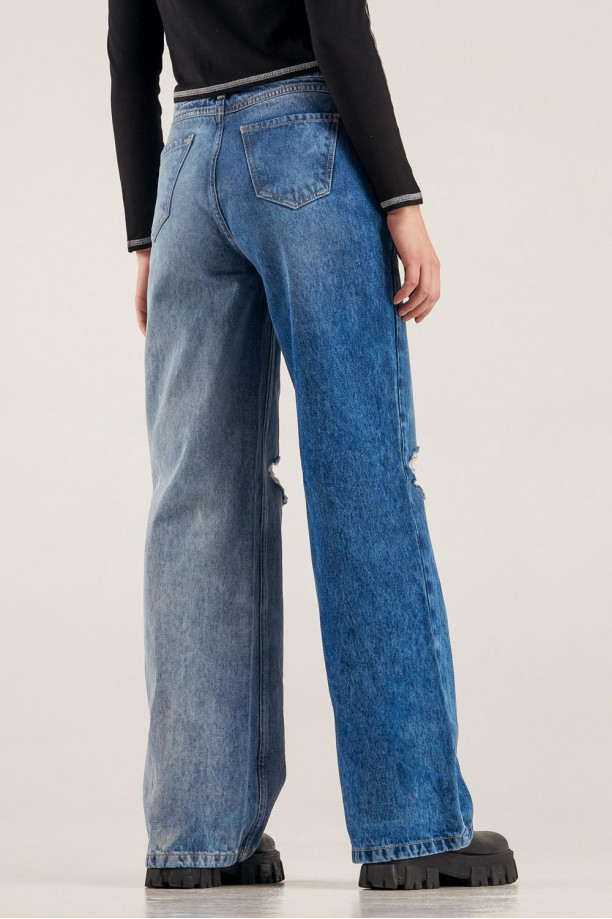 Jeans Bota Ancha Wide Leg Azul Rotos