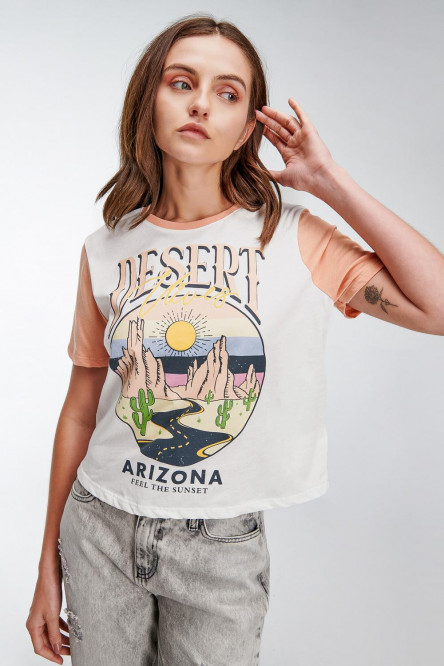 Camiseta con contraste manga corta estampada, Arizona.
