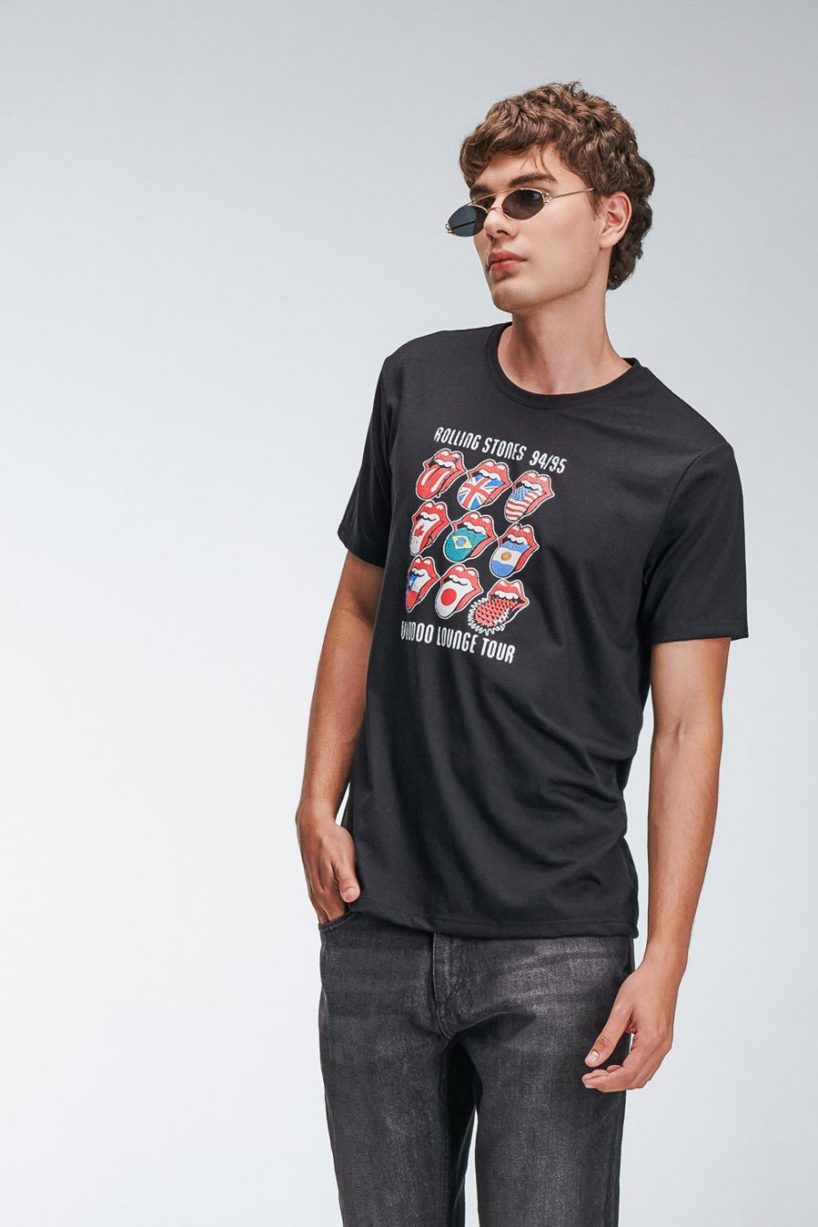 Camiseta cuello redondo negra con estampado de Rolling Stones