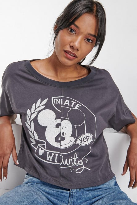 Camiseta gris intensa manga corta con estampado blanco de Mickey