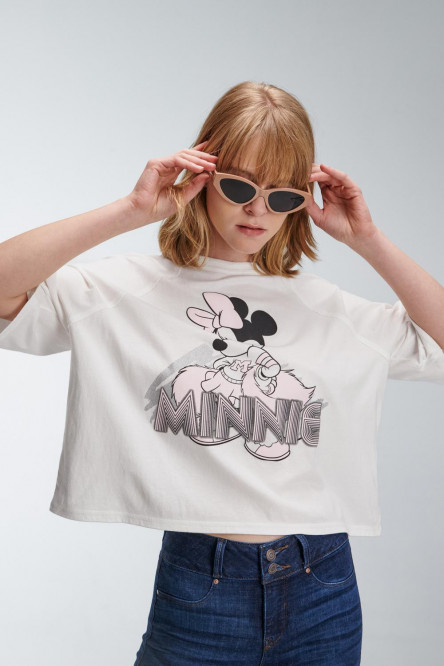 Camiseta crema clara manga corta ranglan con estampado de Minnie