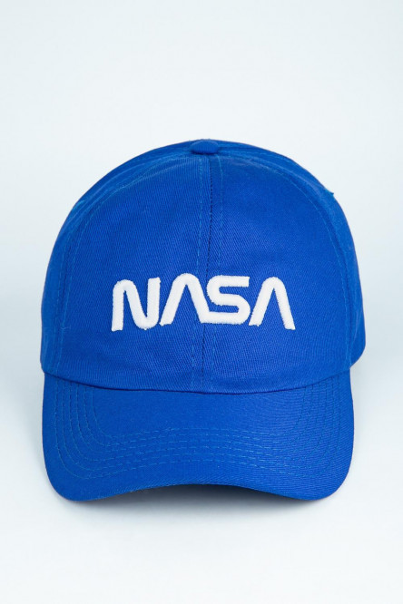 Cachucha tipo beisbolera, color azul en algodón con bordado frontal de NASA, exclusiva de Koaj.