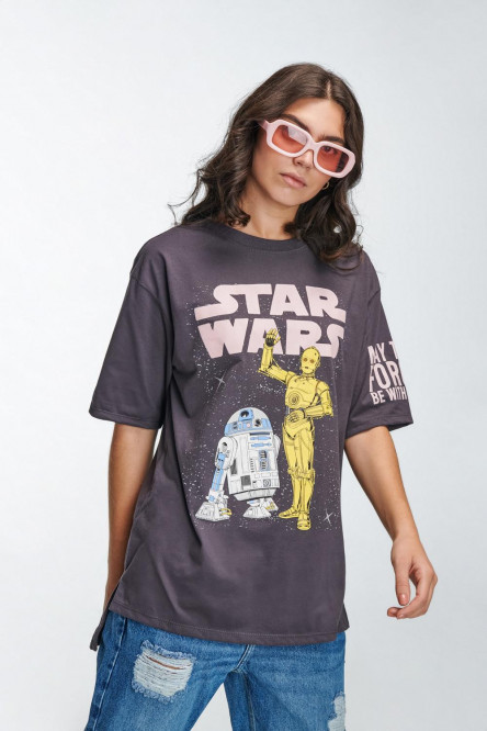 Camiseta oversize gris intenso cuello redondo con diseños de Star Wars