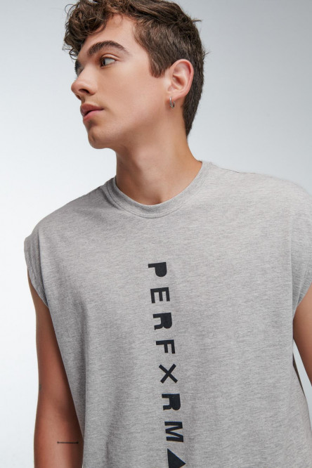 Camiseta gris sin mangas con estampado de letras negras