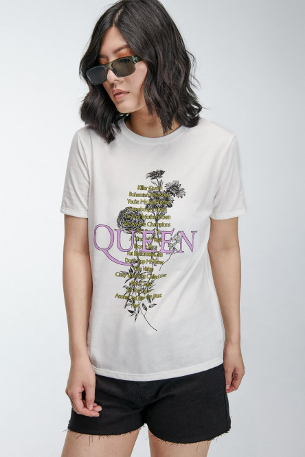Camiseta manga corta crema claro con estampado de Queen