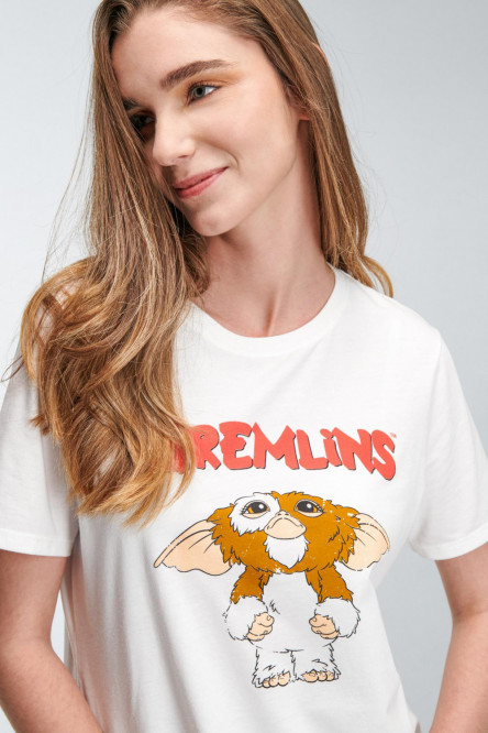 Camiseta crema claro cuello redondo con estampado de Gremlins