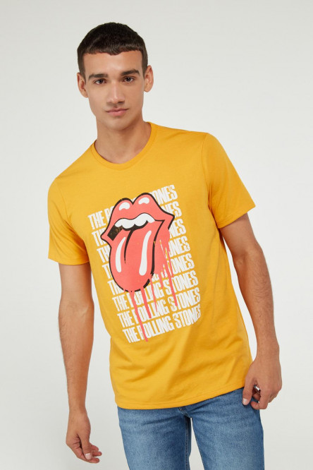 Camiseta amarillo oscuro con diseño de Rolling Stones y cuello redondo