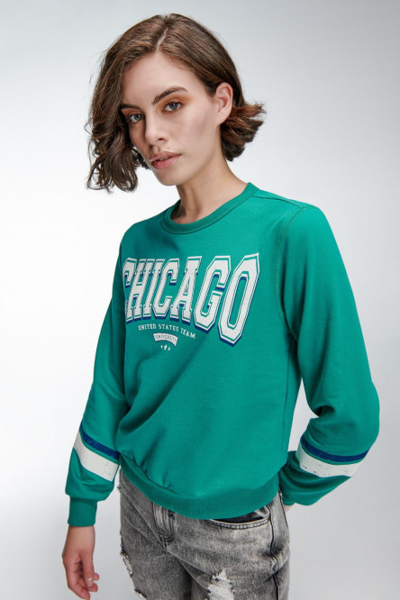 Buzo verde medio con estampado de Chicago y cuello redondo