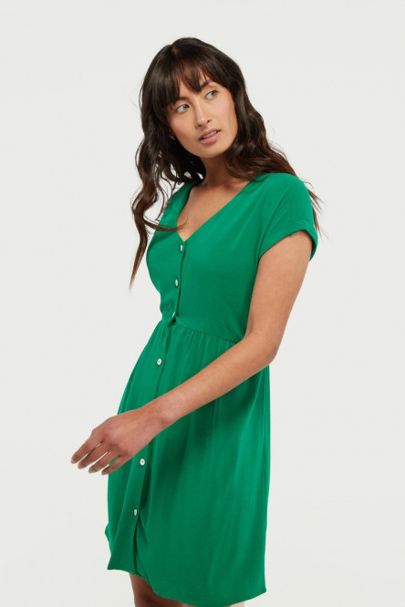 Vestido verde intenso con cuello en V y mangas cortas