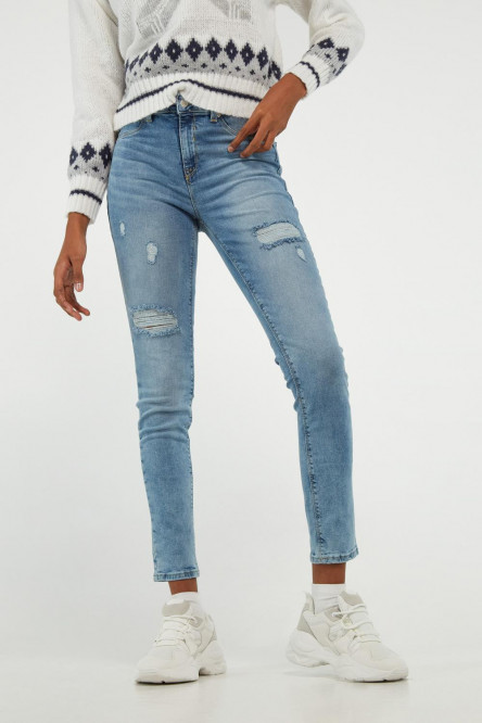 Jean jegging azul claro ajustado con tiro alto y rotos