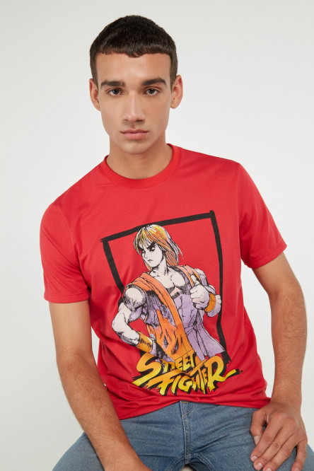 Camiseta cuello redondo rojo oscuro con estampado de Street Fighter