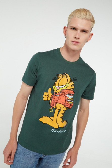 Camiseta manga corta verde oscuro con estampado de Garfield