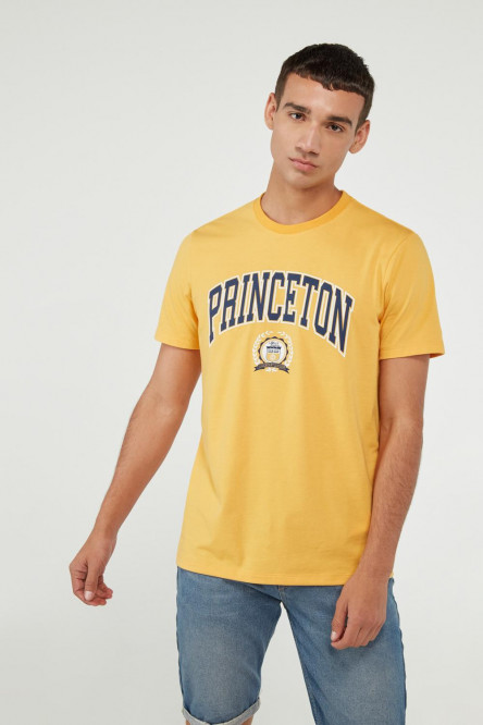 Camiseta unicolor con letras estampadas y cuello redondo