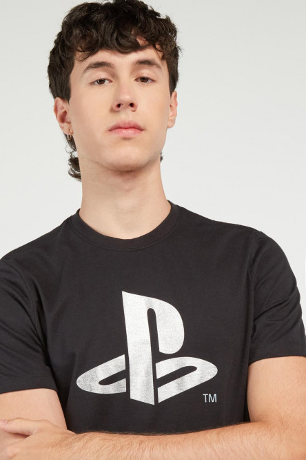 Camiseta negra cuello redondo con estampado blanco de PlayStation