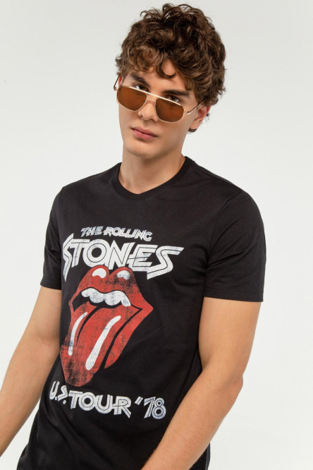 Camiseta negra con estampado de Rolling Stones y cuello redondo