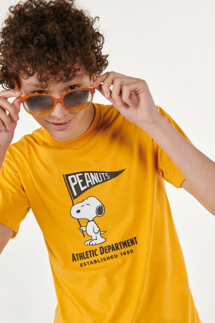 Camiseta amarillo quemado manga corta, para niño, estampado de Snoopy