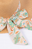 Sombrero tejido kaki con cinta decorativa colorida y anudado