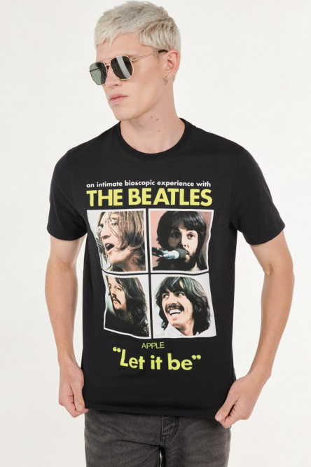 Camiseta manga corta negra con estampado de The Beatles en frente