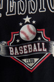 Buzo azul intenso con cuello redondo y estampado college de béisbol