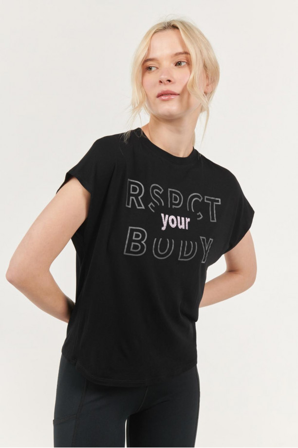 Resistencia Paraíso Relámpago Camiseta negra sin mangas con letras estampadas y cuello redondo