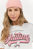 Camiseta manga corta crema clara con diseño college de skating en frente