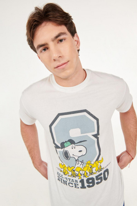 Camiseta crema manga corta, para hombre, con estampado de Snoopy