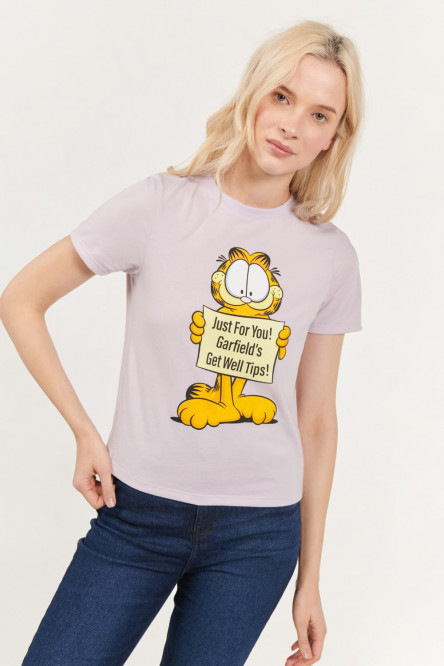 Camiseta cuello redondo lila claro con estampado de Garfield