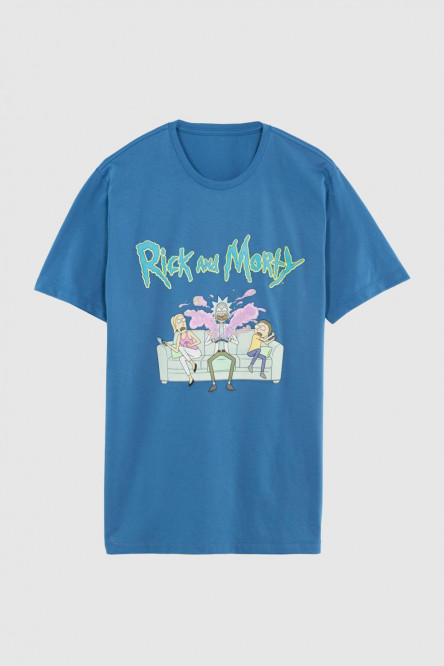 Camiseta manga corta azul medio con estampado de Rick & Morty