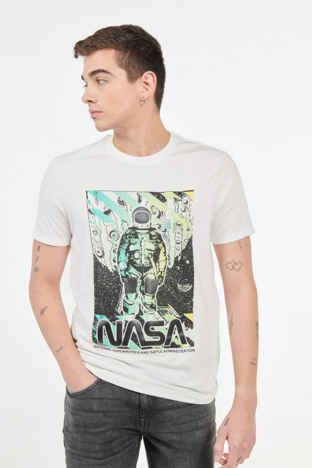 Camiseta cuello redondo crema claro con estampado delantero de NASA