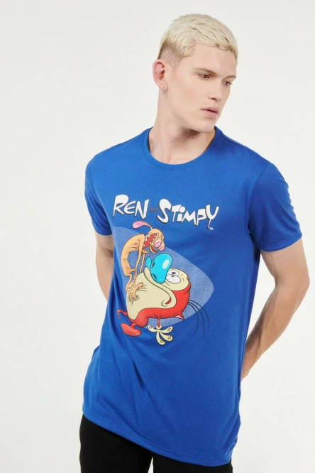 Camiseta azul medio con manga corta y estampado de Ren & Stimpy