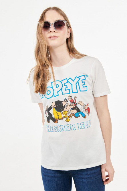 Camiseta crema claro con estampado de Popeye y mangas cortas