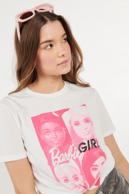 Camiseta cuello redondo crema claro con estampado de Barbie