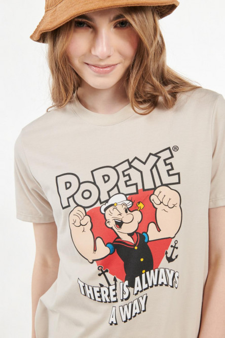 Camiseta cuello redondo kaky claro con estampado de Popeye
