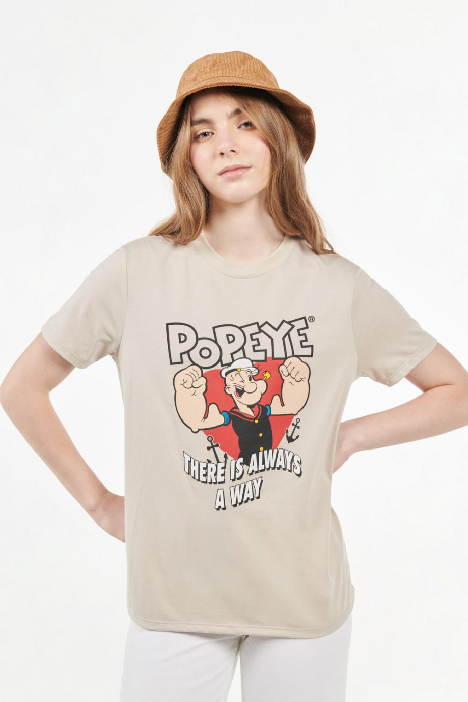 Camiseta cuello redondo kaky claro con estampado de Popeye