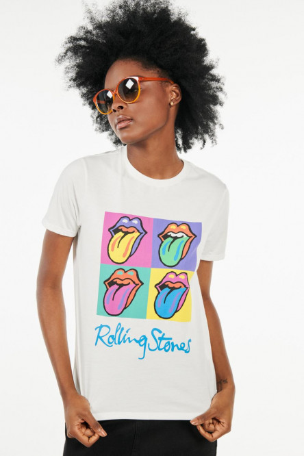 Camiseta cuello redondo crema claro con estampado de Rolling Stones