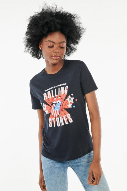 Camiseta cuello redondo azul intenso con estampado de Rolling Stones
