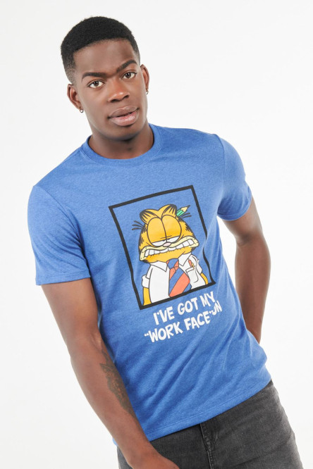 Camiseta azul medio con estampado de Garfield y manga corta