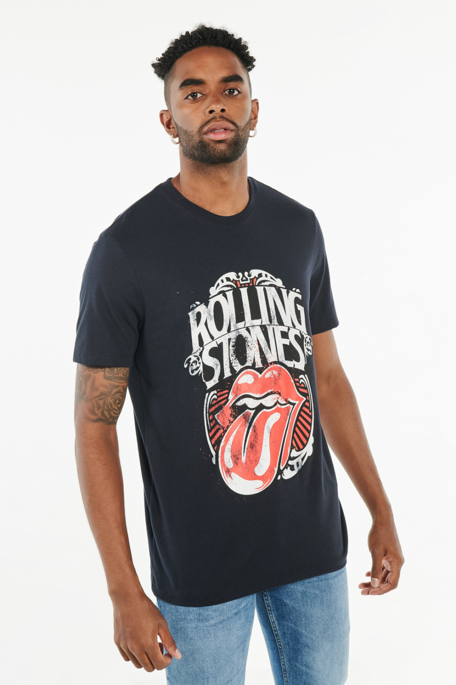 Camiseta azul intensa con estampado de Rolling Stones y manga corta