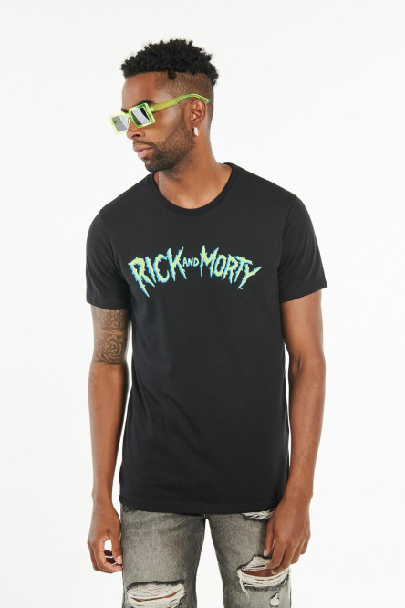 Camiseta negra con estampado de Rick & Morty y cuello redondo