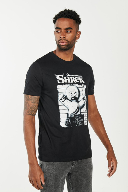Camiseta negra manga corta con estampado de Shrek en frente