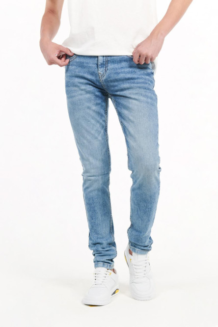 Jean skinny fit azul medio con costuras en contrastes y tiro bajo