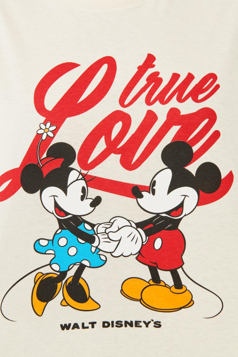 Camiseta kaky claro con cuello redondo y estampados de Mickey & Minnie