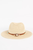 Sombrero de paja para mujer estilo fedora color crema, con lazo y apliques decorativos.