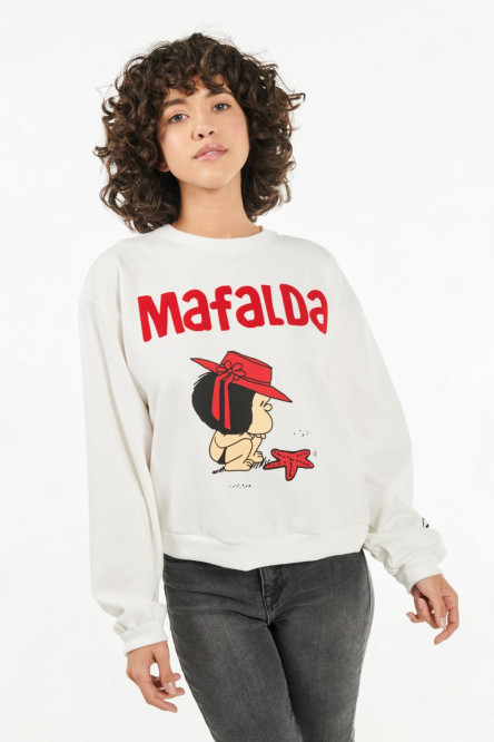 Buzo cuello redondo crema claro con estampados de Mafalda