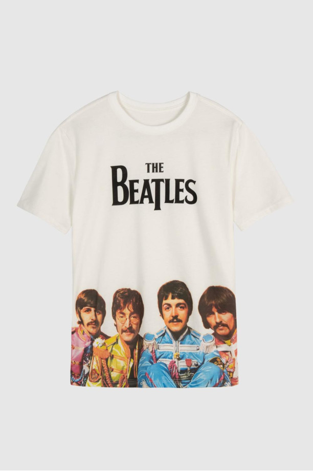 enjuague Adición Periodo perioperatorio Camiseta cuello redondo crema claro con estampado de The Beatles