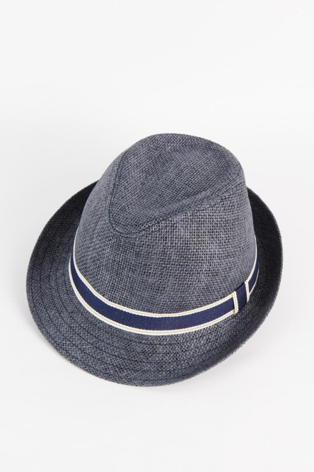 Sombrero de paja para hombre estilo panama color azul oscuro con lazo en color contraste.