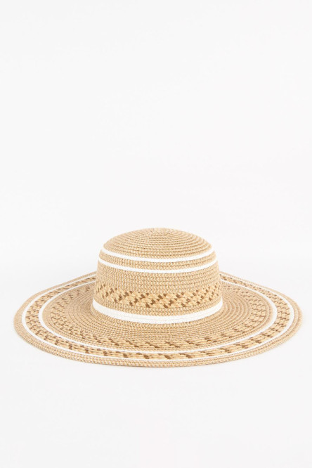 Sombrero de paja para mujer estilo ala ancha color kaki claro, con diferentes formas en su tejido.