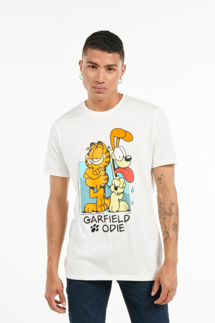Camiseta manga corta crema clara con estampado de Garfield